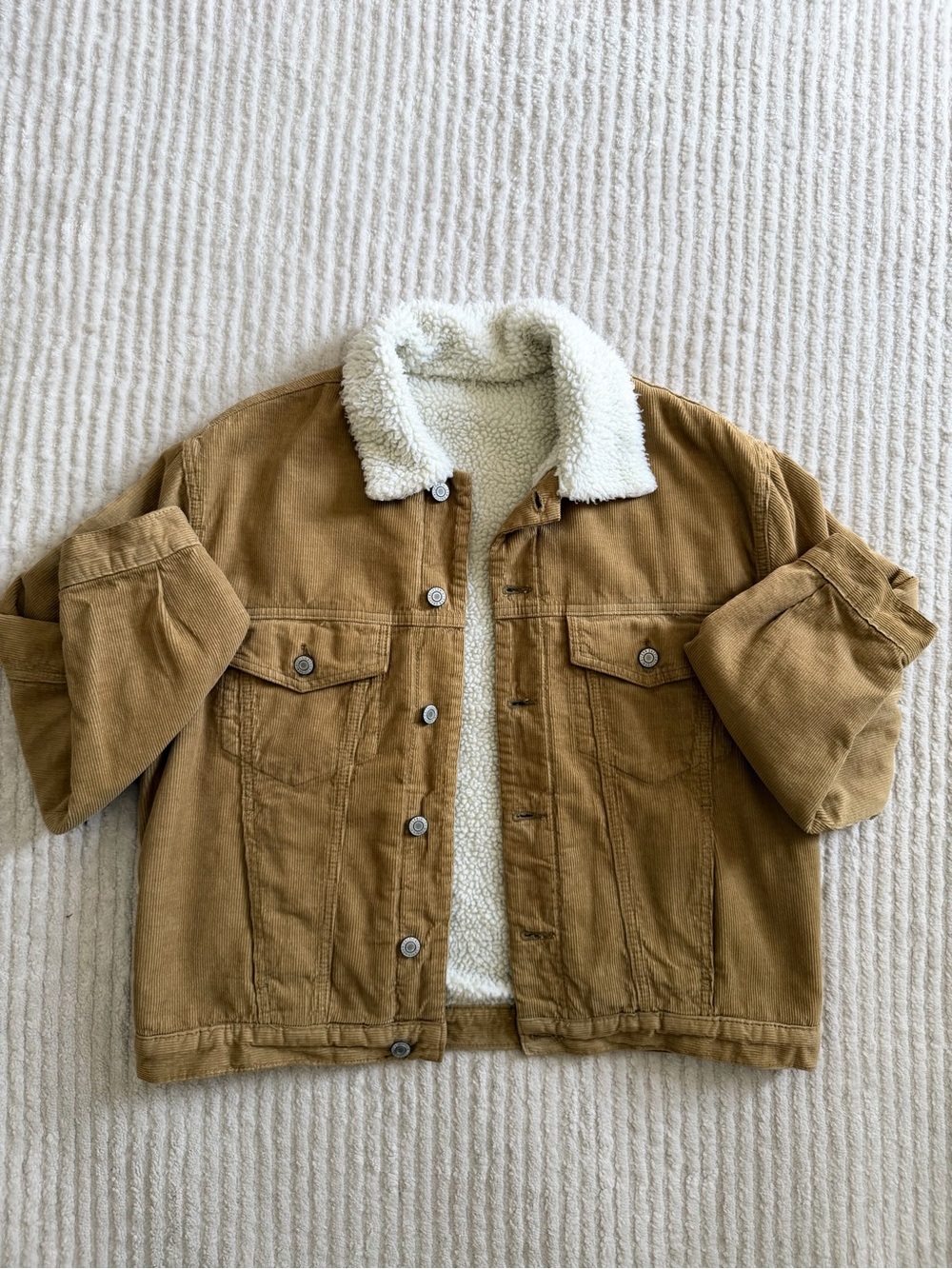 Brandy Melville Tan Corduroy Puffer Jacket with Cream Sherpa Collar